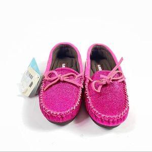 NWT Lam Girls Youth Pink Suede Slip On Moccasins Size 2Y Sparkle Glitter